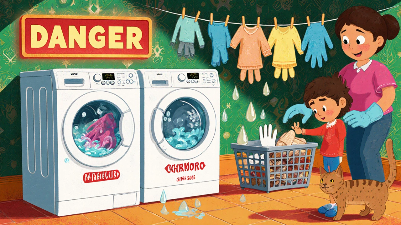 Lavage des vêtements contaminés par la chimiothérapie dans une machine spéciale, avec un chat curieux et un signal d&#039;avertissement lumineux.