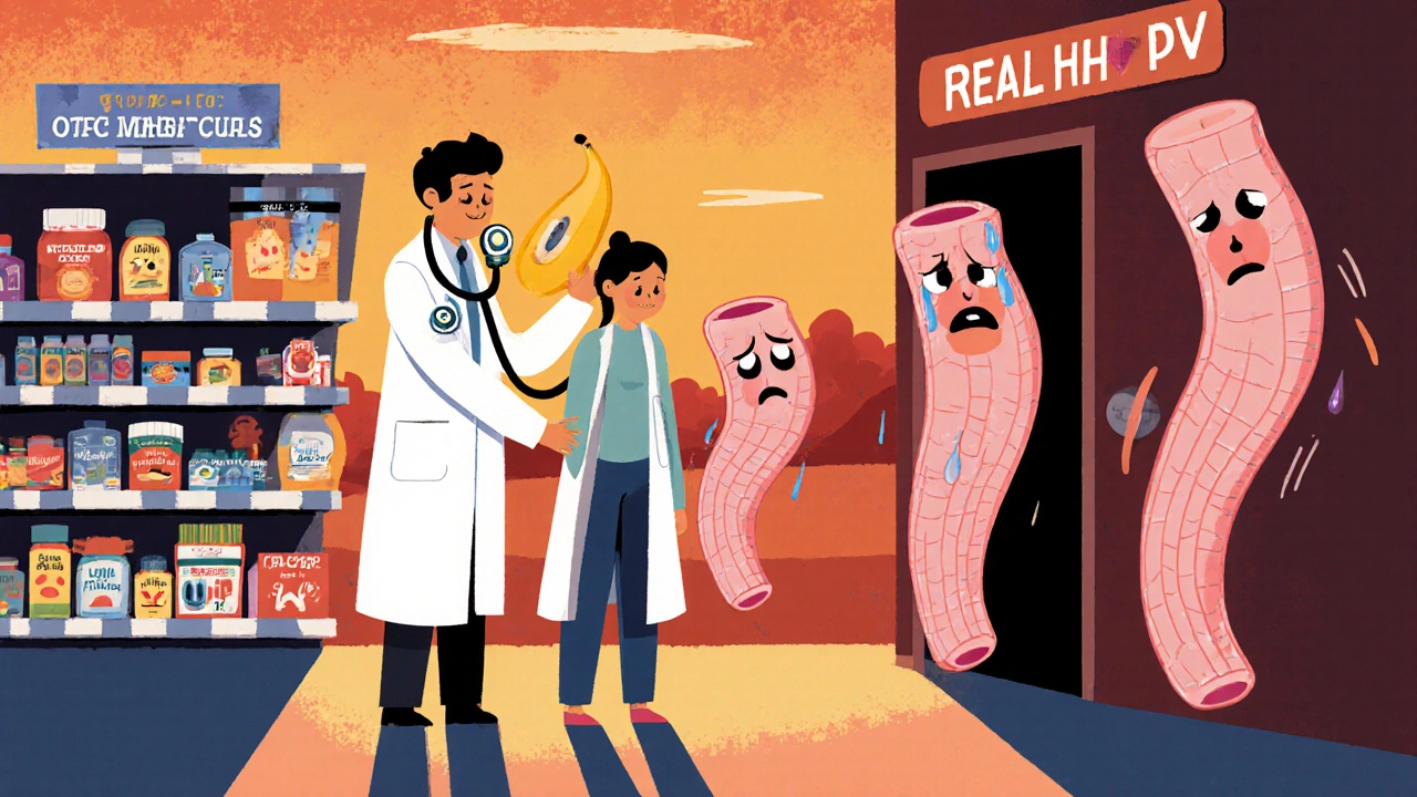 Médecin guidant un patient loin des traitements OTC vers une clinique, accompagné de hémorroïdes stylisées en version cartoon.