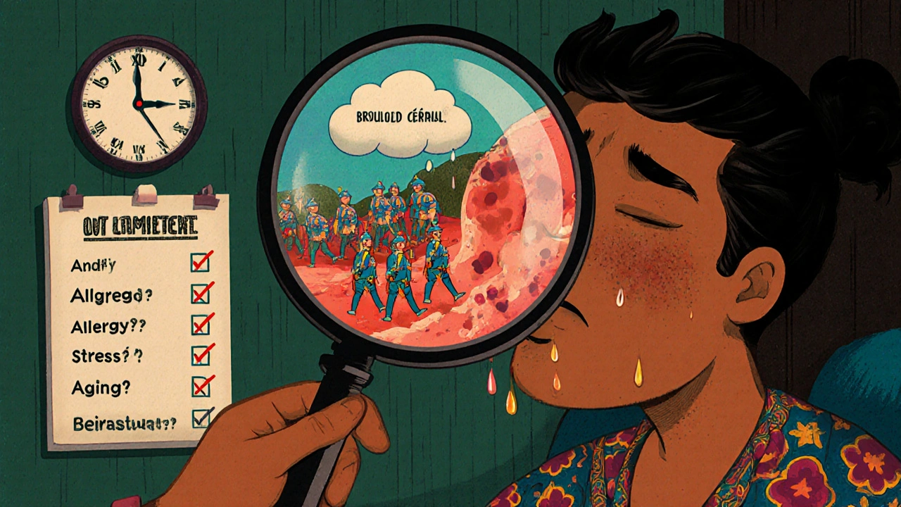 Médecin observant des glandes inflamées à l&#039;intérieur de la joue d&#039;un patient, dans une salle d&#039;examen surréaliste.