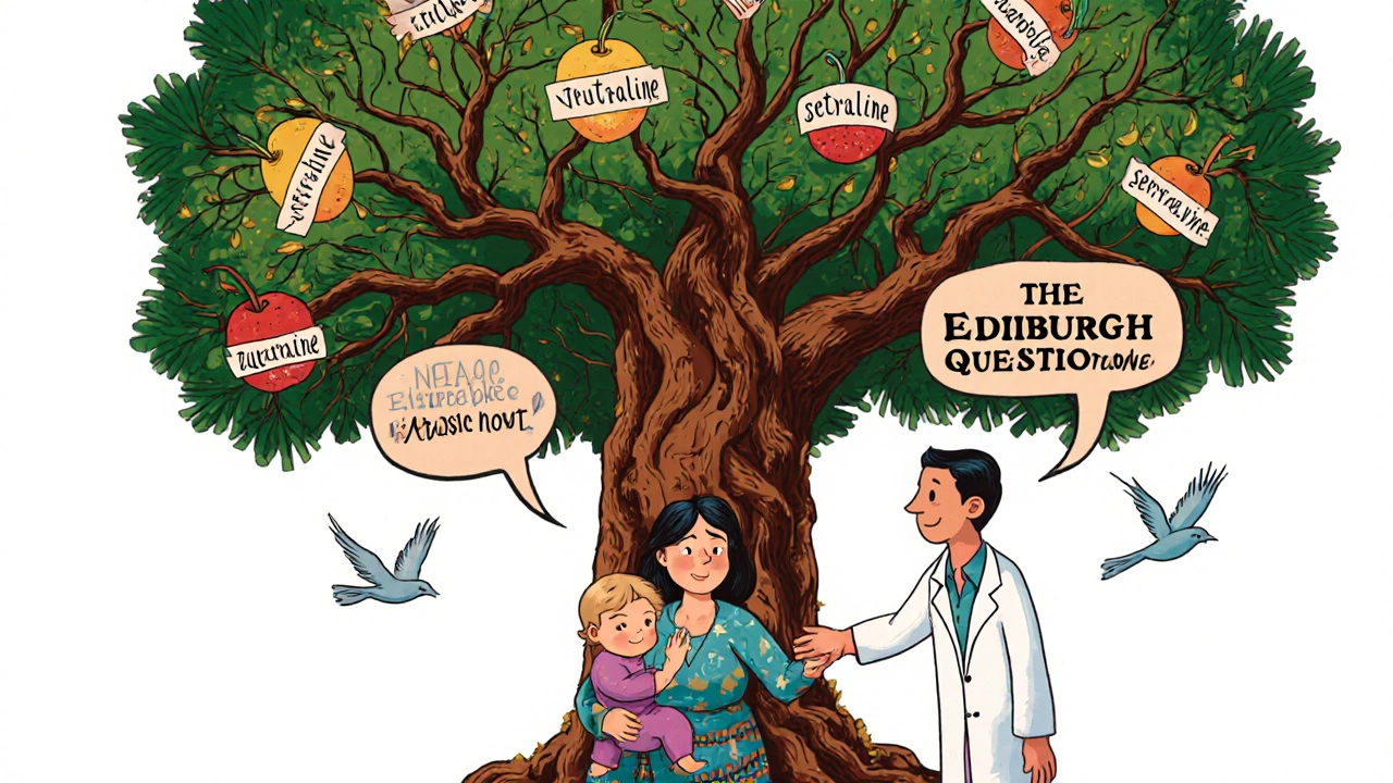 Mère tenant son bébé sous un arbre aux racines neuronales, avec des fruits représentant des traitements et un questionnaire.