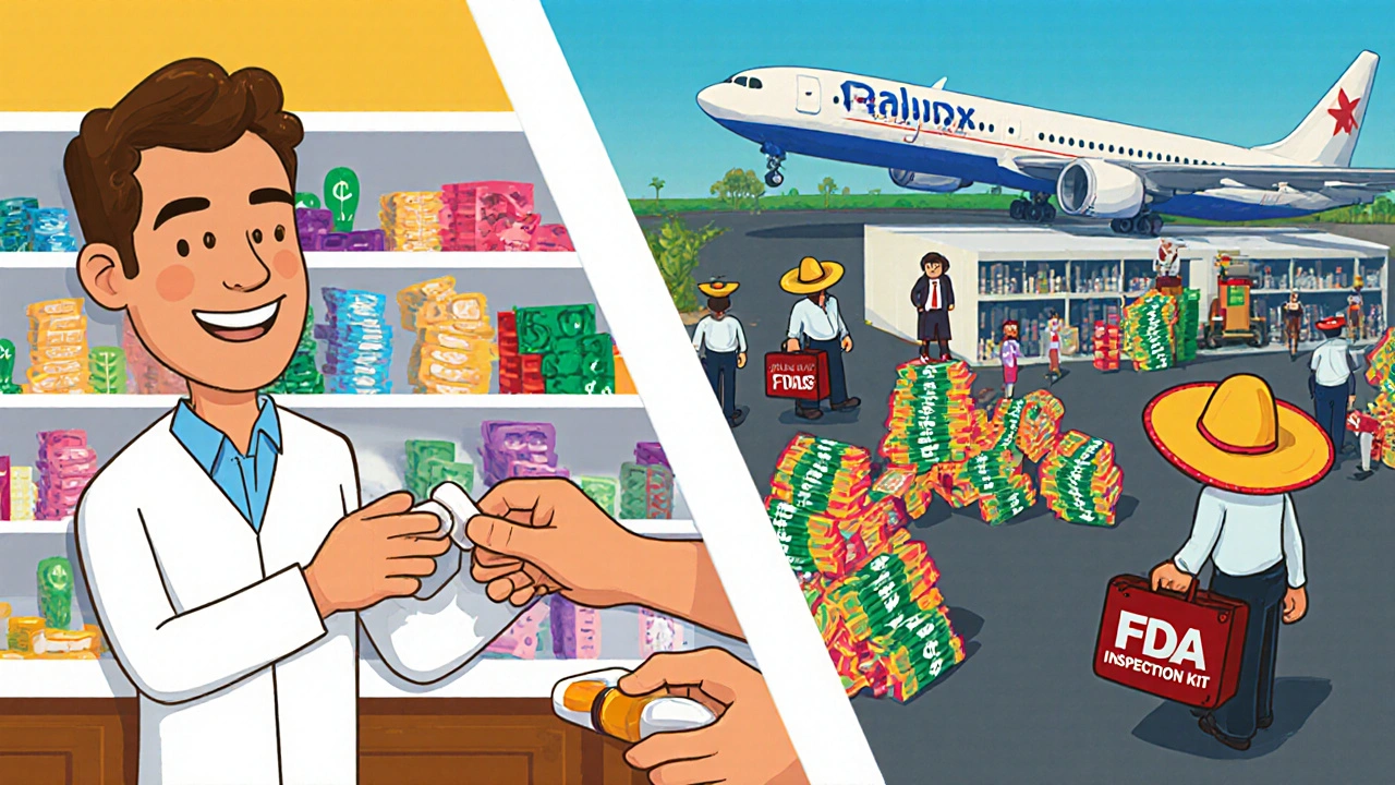 Patient américain recevant un médicament générique tandis qu&#039;une usine indienne paie des frais, style animation mexicaine.