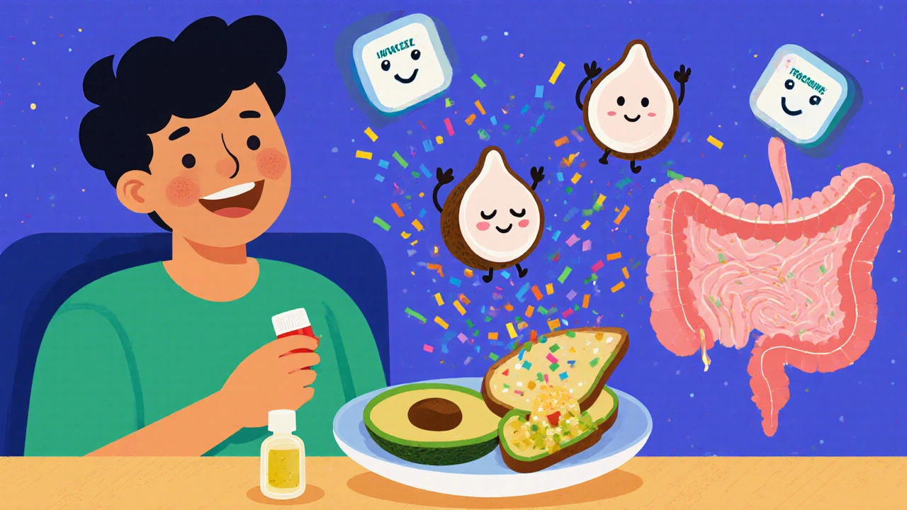 Patient mangeant un avocat avec une pilule, des gouttes d&#039;huile dansent vers son estomac en forme de noix de coco.