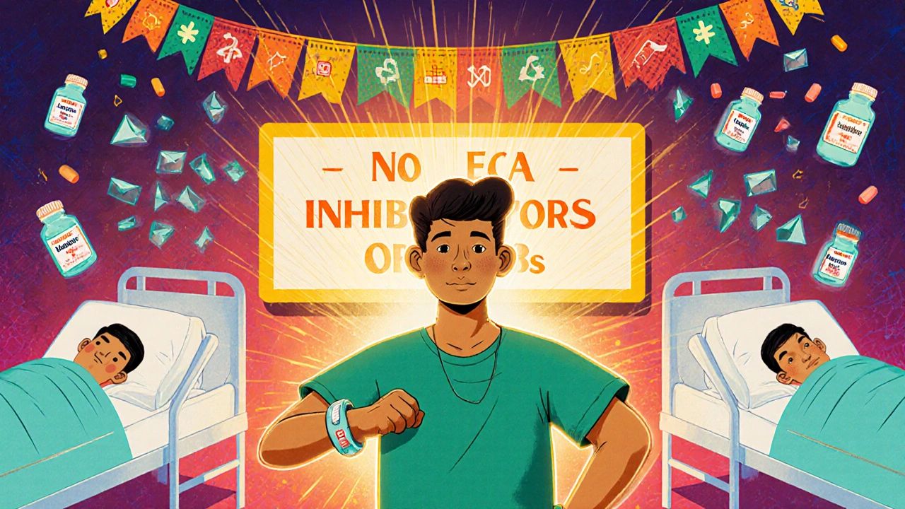 Patient portant un bracelet médical alerte, derrière lui des pilules brisées, dans un style d&#039;animation mexicaine vibrante.