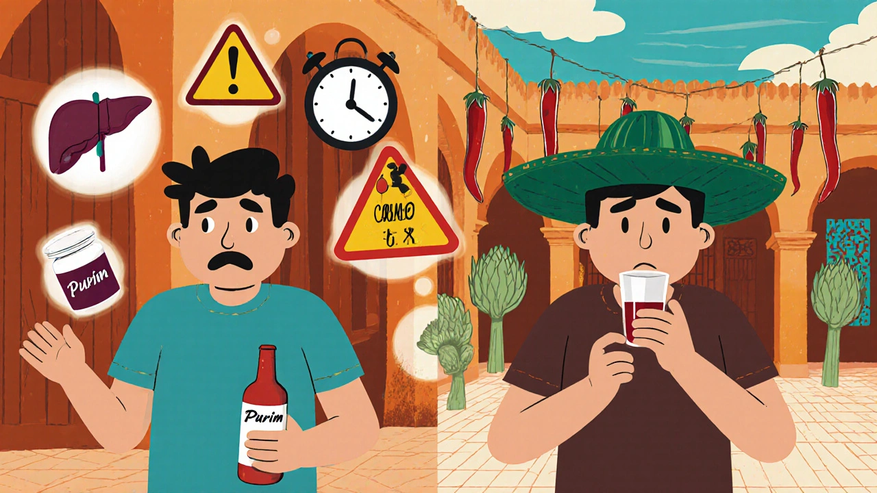 Personne en conflit entre Purim et alternatives naturelles, dans une cour mexicaine colorée.