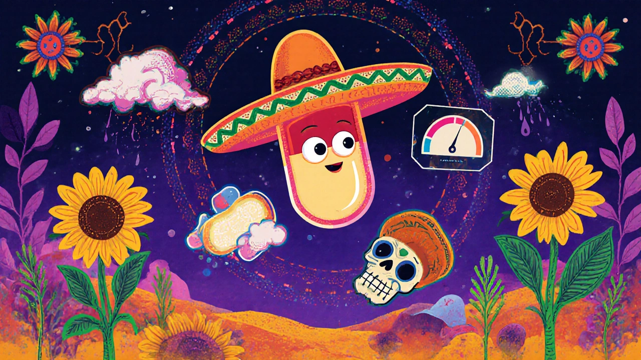 Pilule intelligente avec sombrero ajustant sa libération dans l&#039;intestin, entourée de plantes oléagineuses et de formulations lipidiques brillantes.