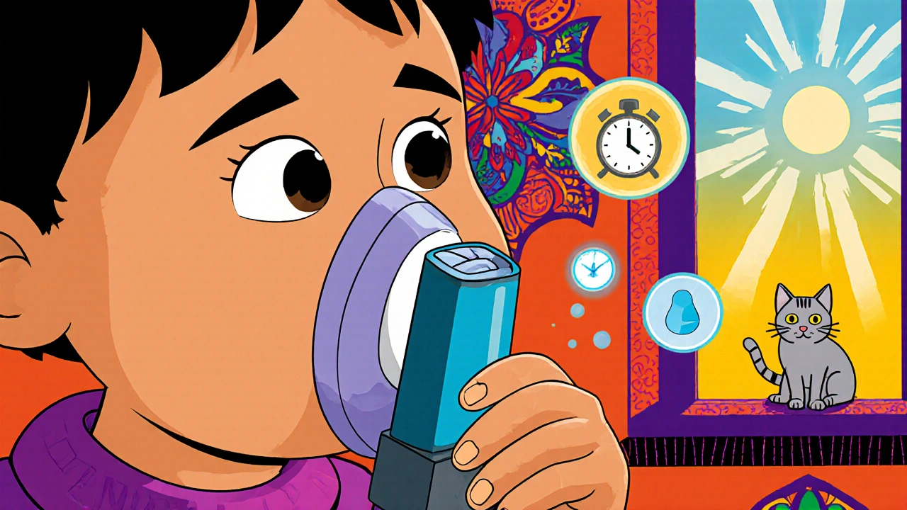 Plan rapproché d&#039;un masque bien ajusté avec des icônes animées montrant une bonne technique d&#039;inhalation.