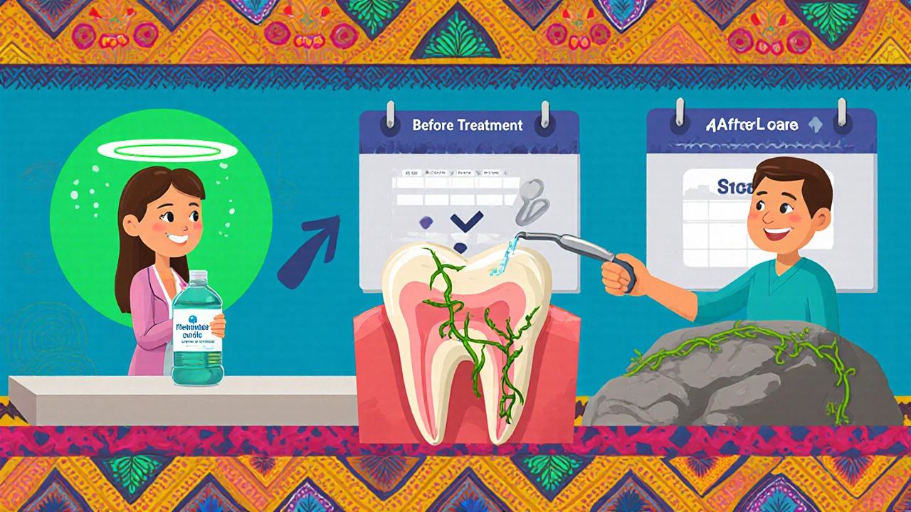 Séquence illustrant la guérison de l&#039;ostéonécrose : rinçage, nettoyage doux, et recouvrement naturel de l&#039;os par la gencive.