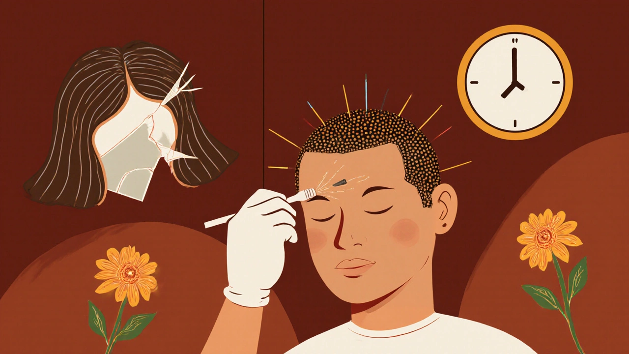 Technicien appliquant des points microscopiques sur le cuir chevelu d&#039;un patient détendu.