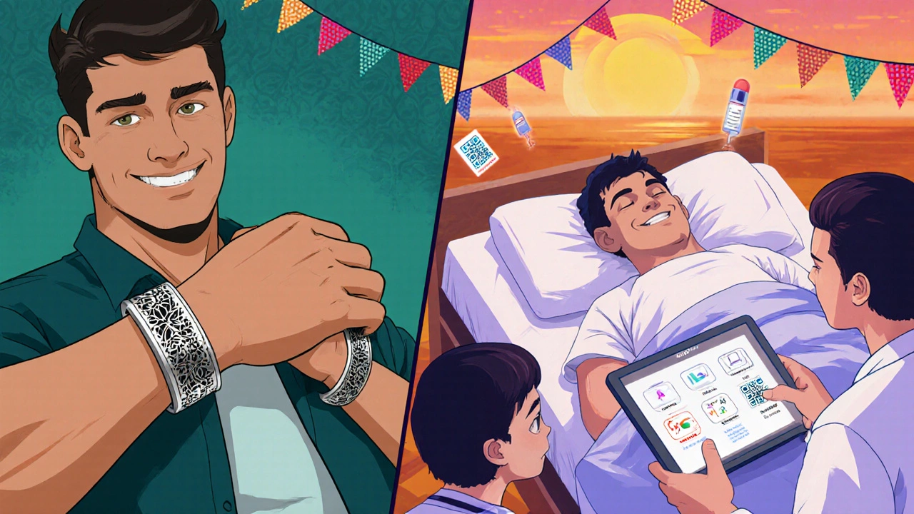 Un homme portant un bracelet médical décoré, vu en deux scènes : en bonne santé et à l&#039;hôpital, avec un code QR qui affiche ses informations médicales.