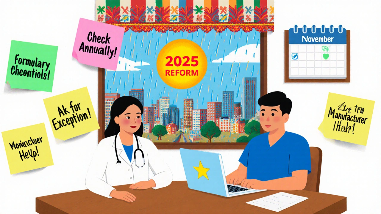 Un médecin et un patient consultent un outil en ligne pour vérifier la couverture médicamenteuse, entourés de rappels visuels.