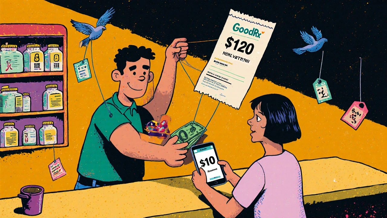 Un patient paie 10 $ en espèces pour un médicament alors qu&#039;une assurance facture 120 $, dans un style d&#039;animation coloré.