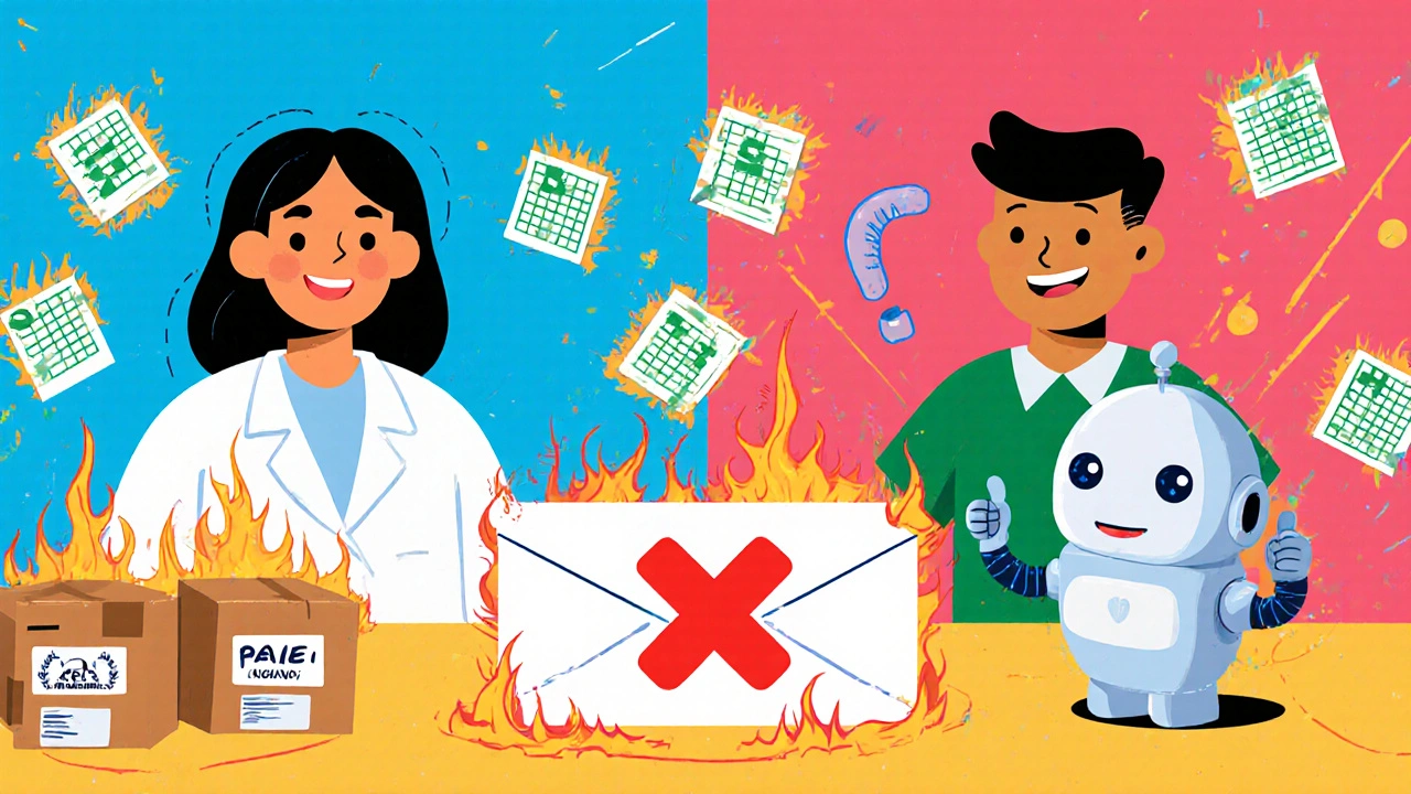 Un patient reçoit deux colis séparés, tandis qu’un autre regarde une commande bloquée, entouré de feuilles Excel en feu et un robot assistant souriant.