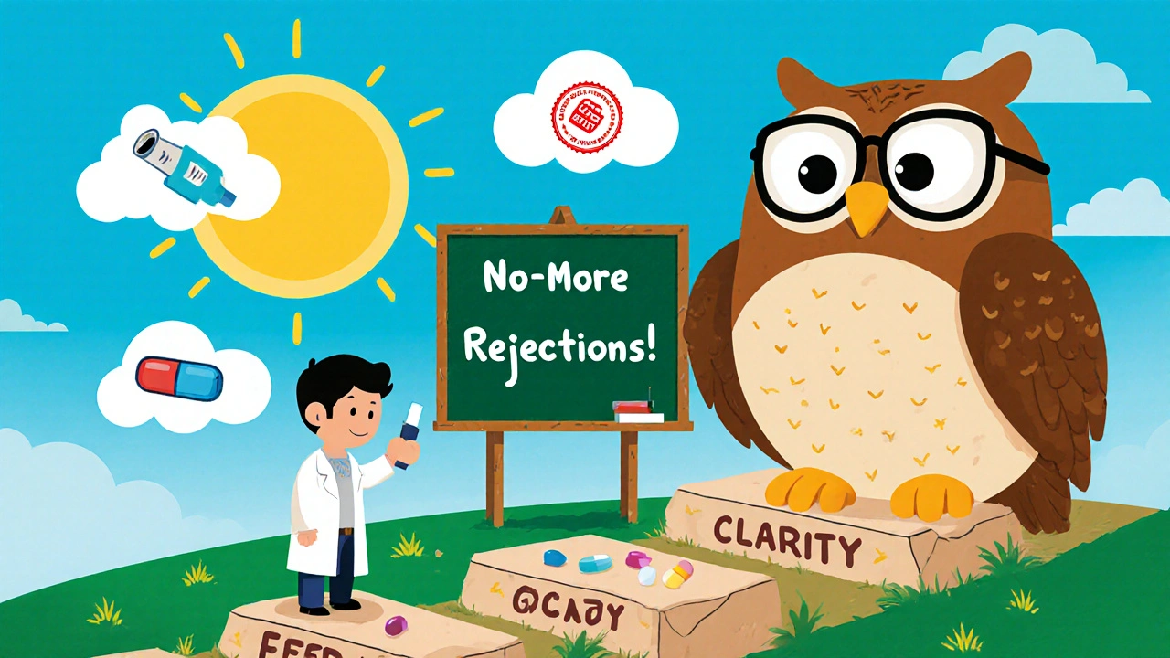 Un petit scientifique discute avec une chouette de la FDA autour de dispositifs médicaux complexes, style animation mexicaine.