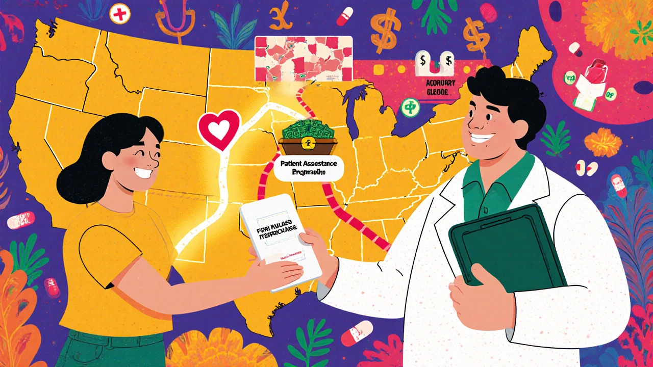 Un pharmacien remet à un patient une carte d&#039;aide financière avec des icônes de médicaments et d&#039;argent flottant autour.