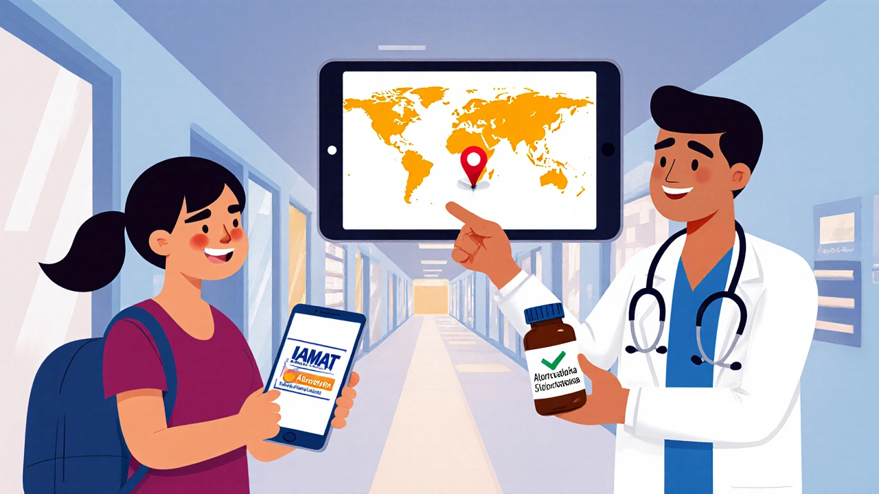 Un voyageur consulte une application IAMAT dans un hôpital, tandis qu&#039;un médecin et un pharmacien l&#039;aident à obtenir son traitement.