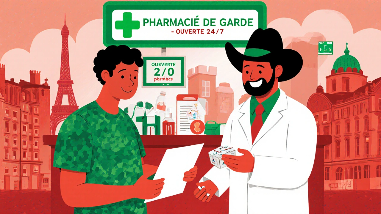 Un voyageur remet une ordonnance et un emballage d&#039;origine à une pharmacienne européenne sous un symbole vert de pharmacie de garde.