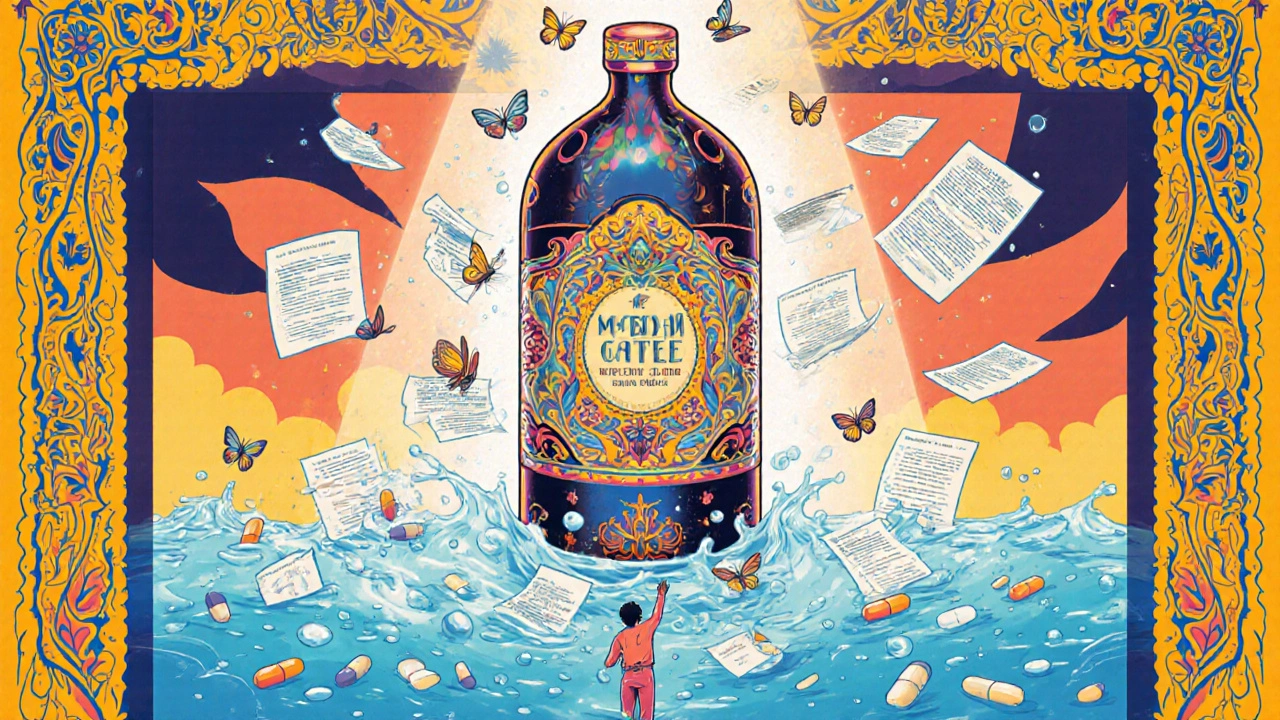 Une bouteille de médicament biologique sacrée entourée de documents qui deviennent des papillons.
