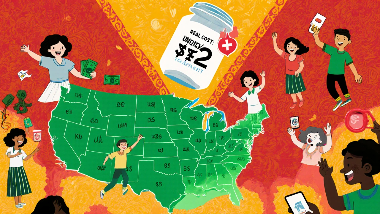 Une carte des États-Unis montrant les différences de transparence des prix des médicaments génériques, dans un style d&#039;animation mexicain.