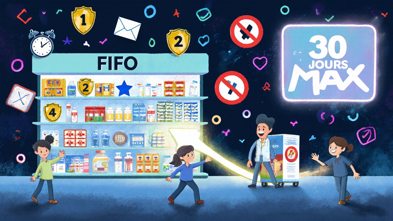 Une étagère de pharmacie organisée en trois niveaux avec des icônes colorées, une flèche FIFO en mouvement et un signe &#039;30 JOURS MAX&#039; brillant.