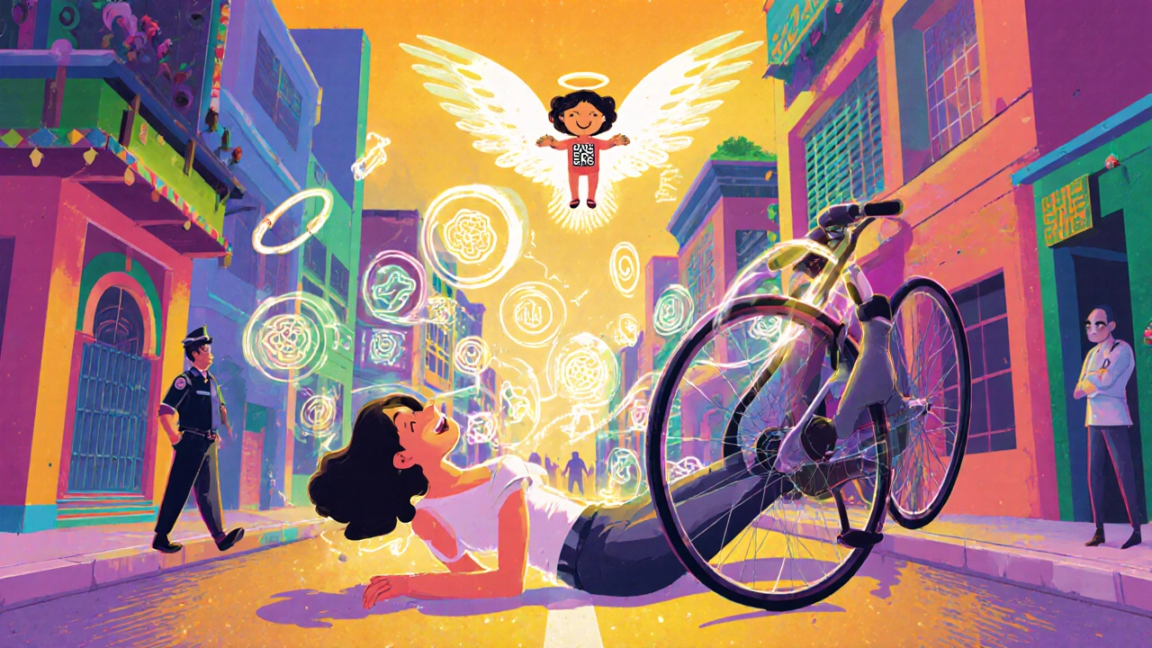 Une femme en vacances qui tombe, son bracelet émettant une lumière connectée à des données médicales en style de codex aztèque.