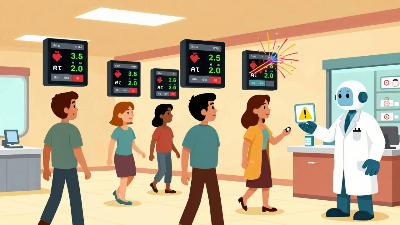 Avertissements dynamiques apparaissant au-dessus des patients dans une clinique futuriste avec des alertes en temps réel.