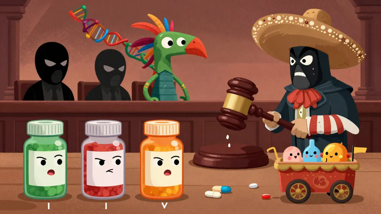 Bouteilles de médicaments en débat dans une cour avec un juge en luchador, représentant les niveaux légaux de contrôle.
