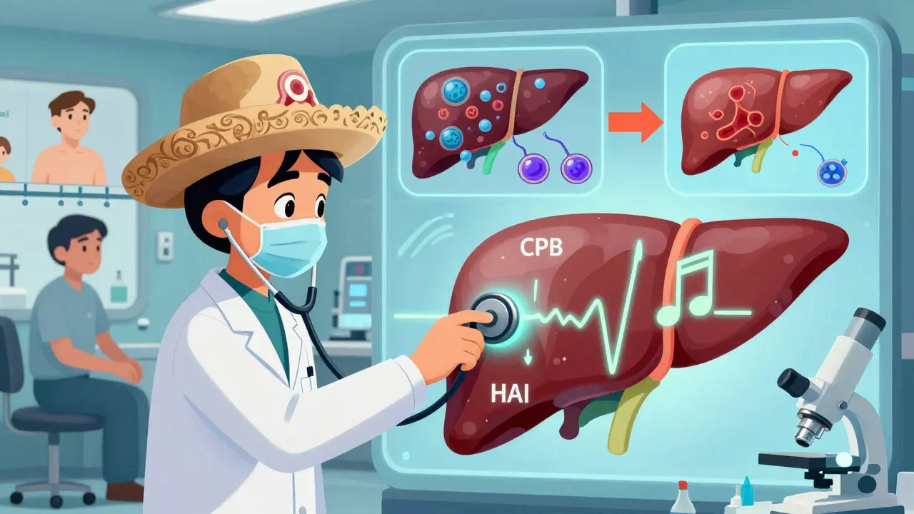 Clinique du foie où des médecins écoutent les signaux conflictuels d'une maladie combinée, avec des cellules immunitaires en attaque.