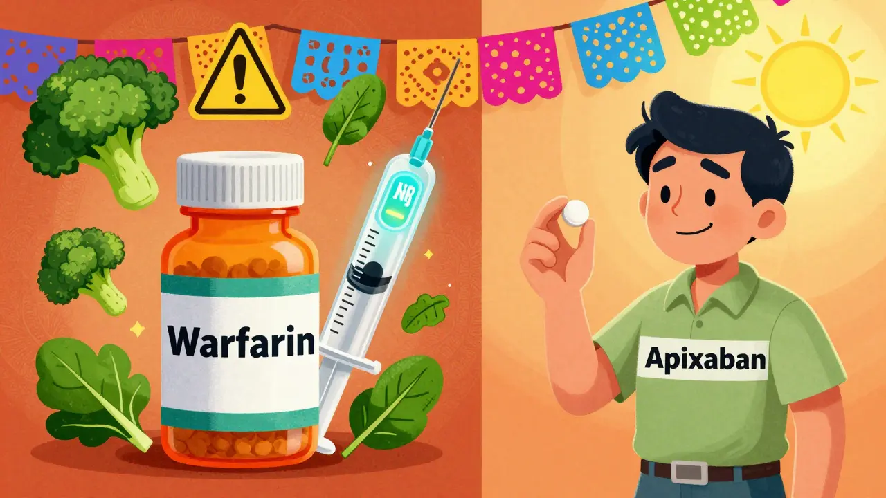 Comparaison entre la warfarine et l'apixaban en style d'animation mexicaine.