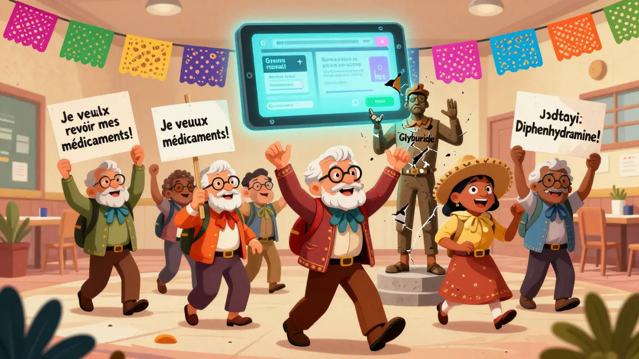 Des seniors marchent en cortège, remplaçant des médicaments dangereux par des alternatives sûres.