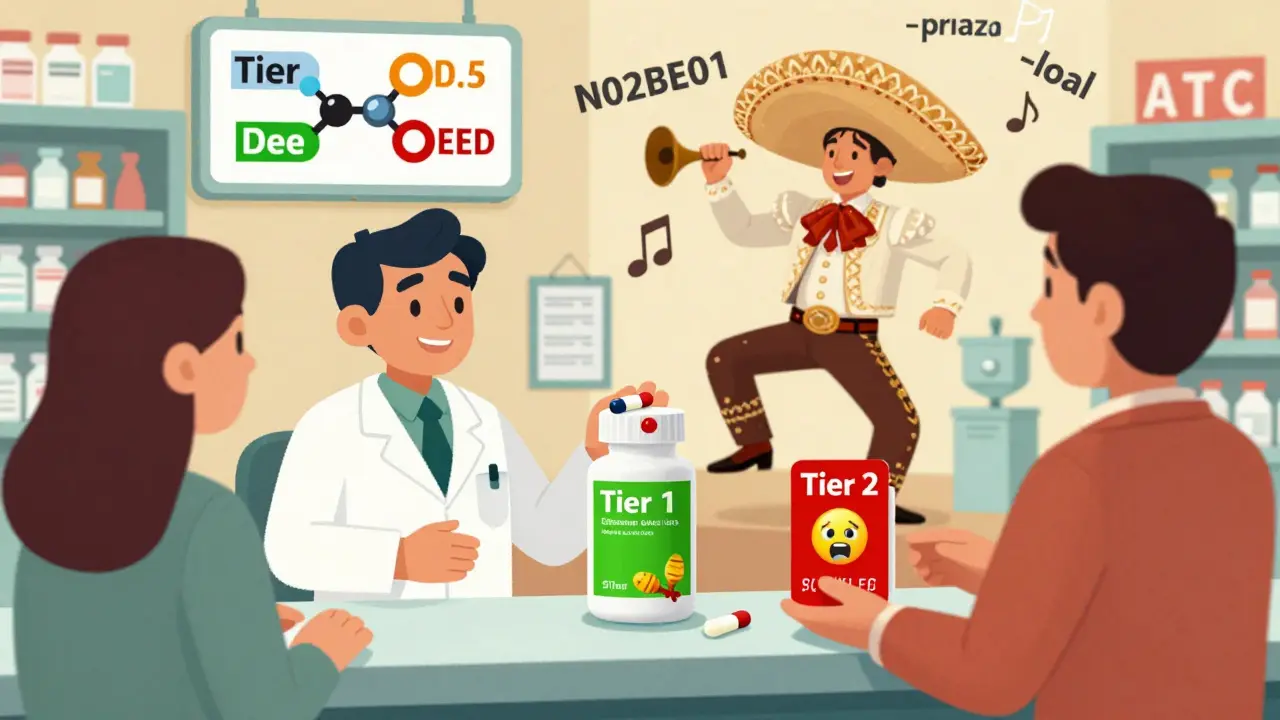 Deux génériques identiques avec des prix différents au comptoir de pharmacie, symbolisant les niveaux de remboursement.