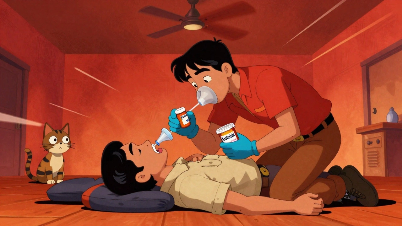 Deux personnes pratiquent une respiration artificielle sur une personne inconsciente, des boîtes de médicaments à côté.