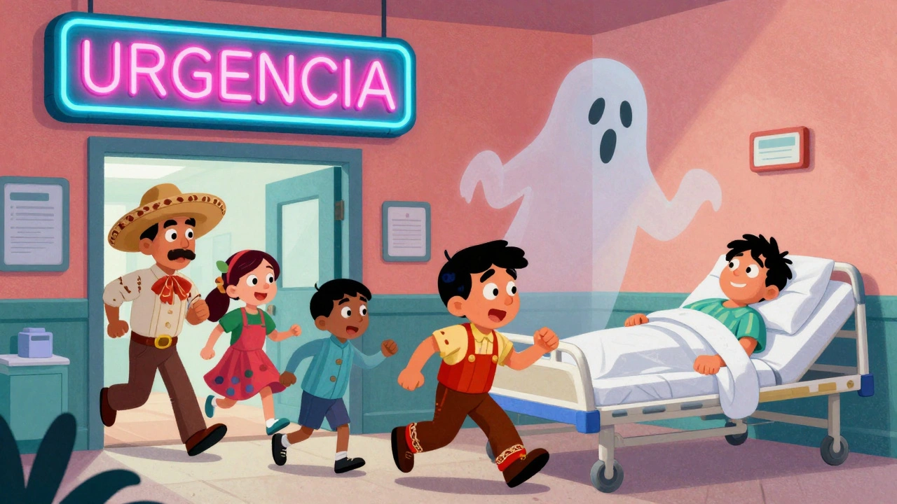 Famille emmenant un patient aux urgences, avec une version fantôme de la victime allongée à l&#039;hôpital.