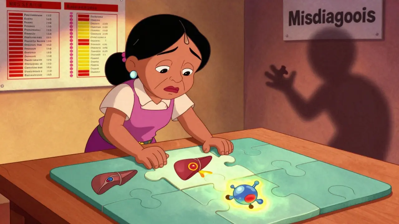 Femme essayant de reconstituer un puzzle du foie avec des pièces de maladies auto-immunes, sous l'œil d'un diagnostic erroné.