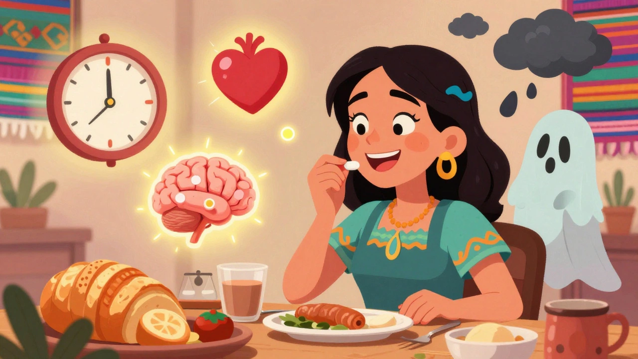 Femme prenant une pilule au petit-déjeuner, entourée d&#039;icônes représentant une action rapide et un soulagement des symptômes.