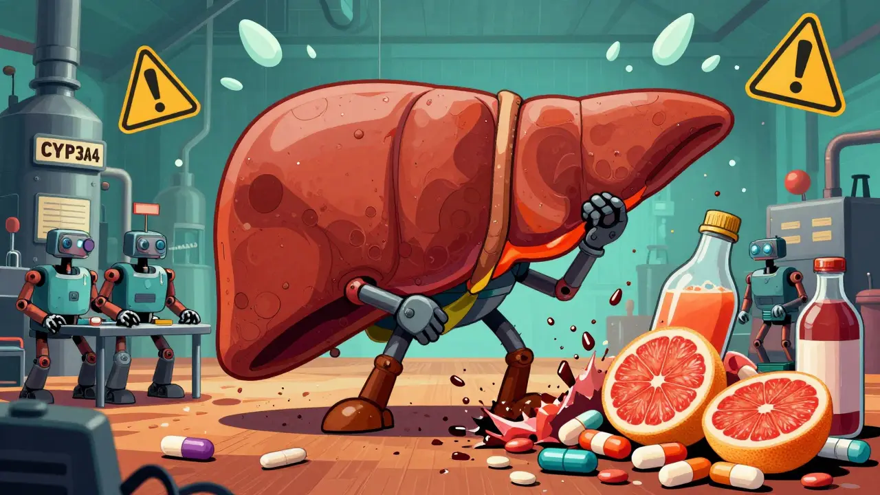 Foie-usine avec des enzymes robotisées bloquées par un jus de pamplemousse.