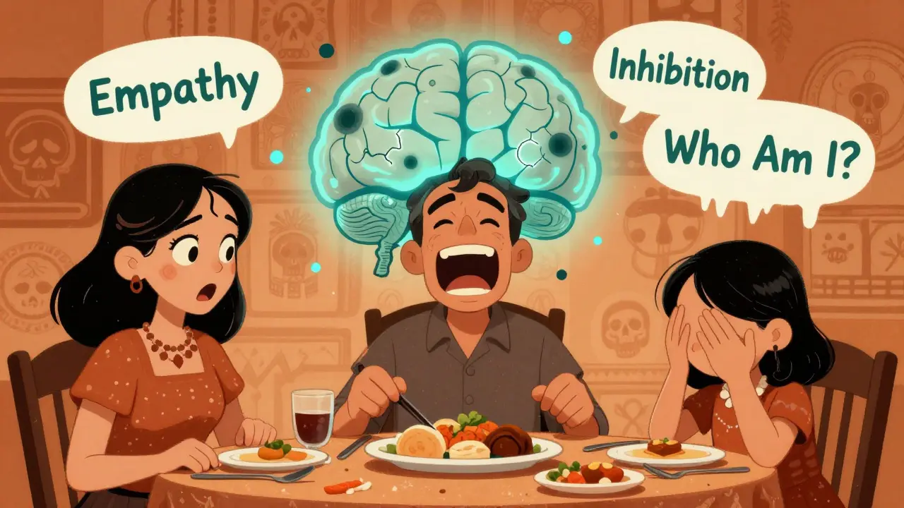 Homme au dîner riant de manière inappropriée tandis que sa famille le regarde avec stupeur, des mots flottants disparaissent derrière lui.