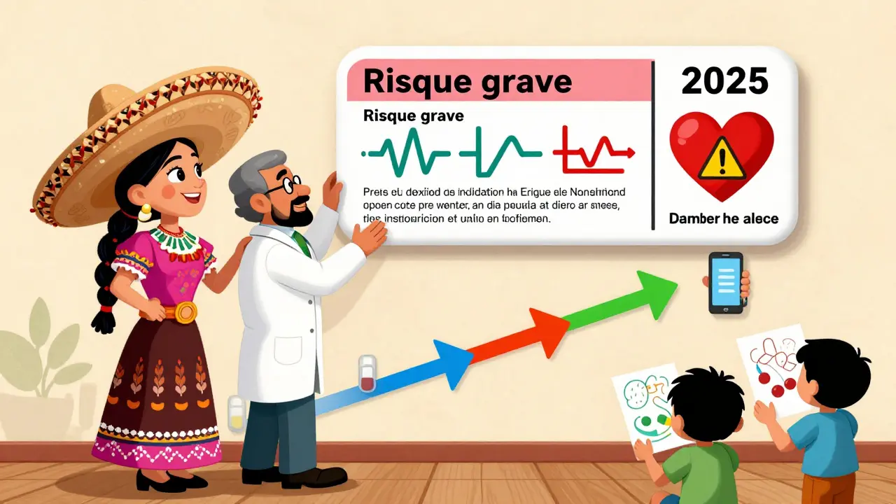 Médecin et pharmacien observant une étiquette de médicament qui évolue avec des icônes médicales précises.