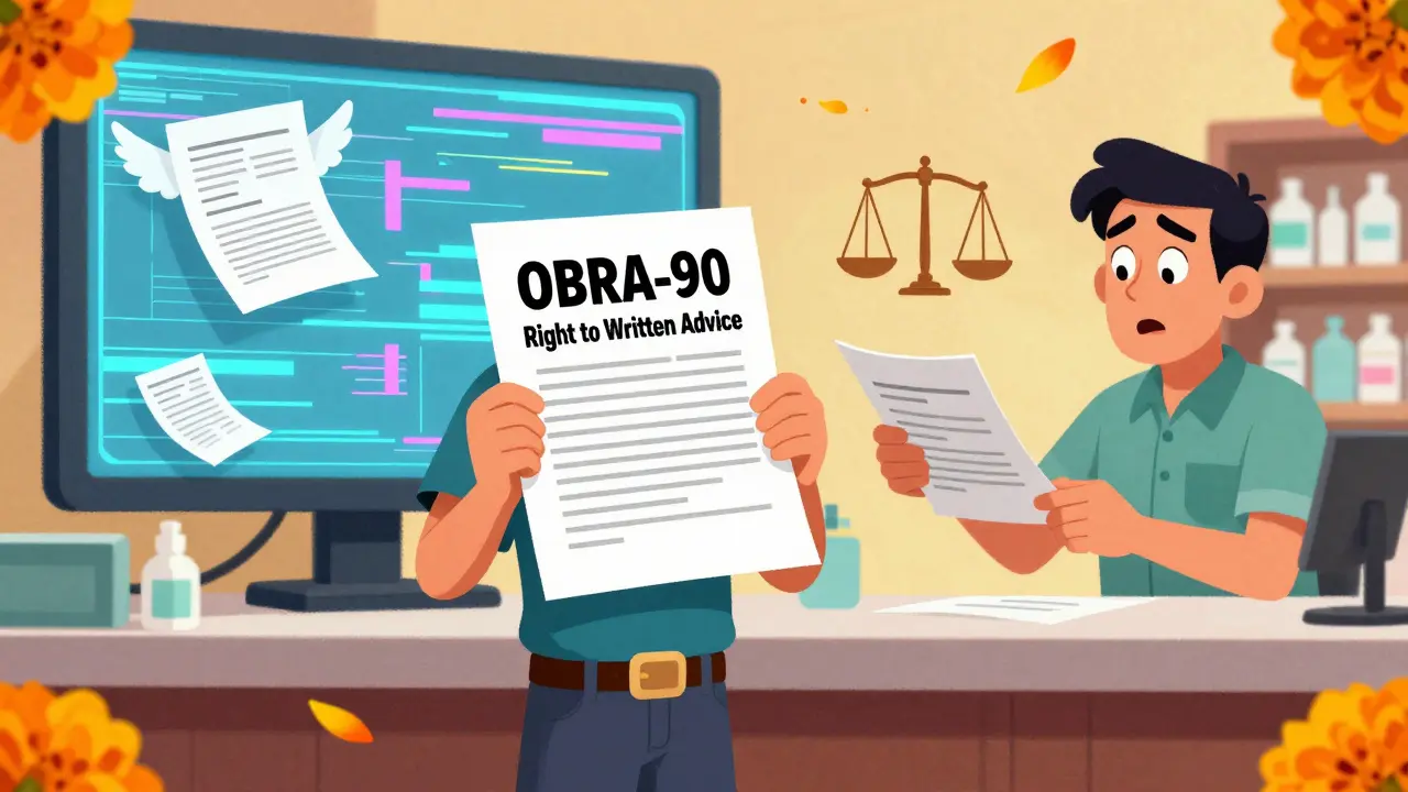 Patient montre un document légal à un pharmacien qui lui remet une fiche écrite, des fleurs et des papiers découpés flottent autour.