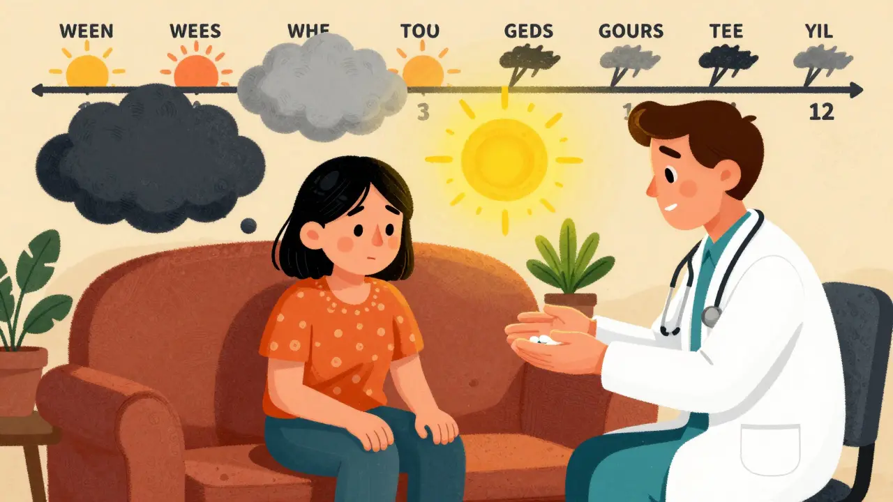 Patient sur un canapé entouré de nuages émotionnels, un médecin lui offrant une pilule et une plante.