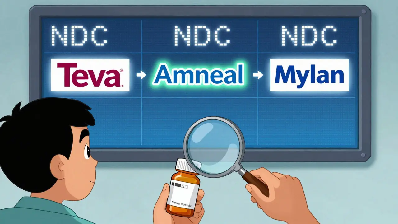 Patient utilisant une loupe pour lire le nom du fabricant sur un flacon de générique, tandis que les logos des entreprises apparaissent en surimpression.