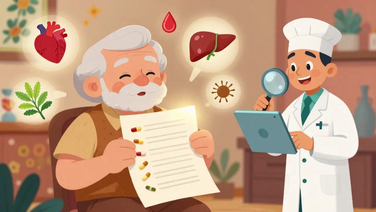 Personne âgée avec une liste de médicaments et des icônes animées d'interactions.