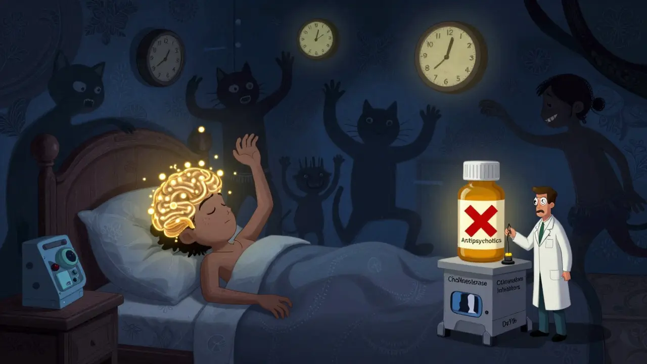 Personne agitée pendant son sommeil entourée d'hallucinations visuelles, une pilule barrée d'une croix rouge et une lanterne médicale.