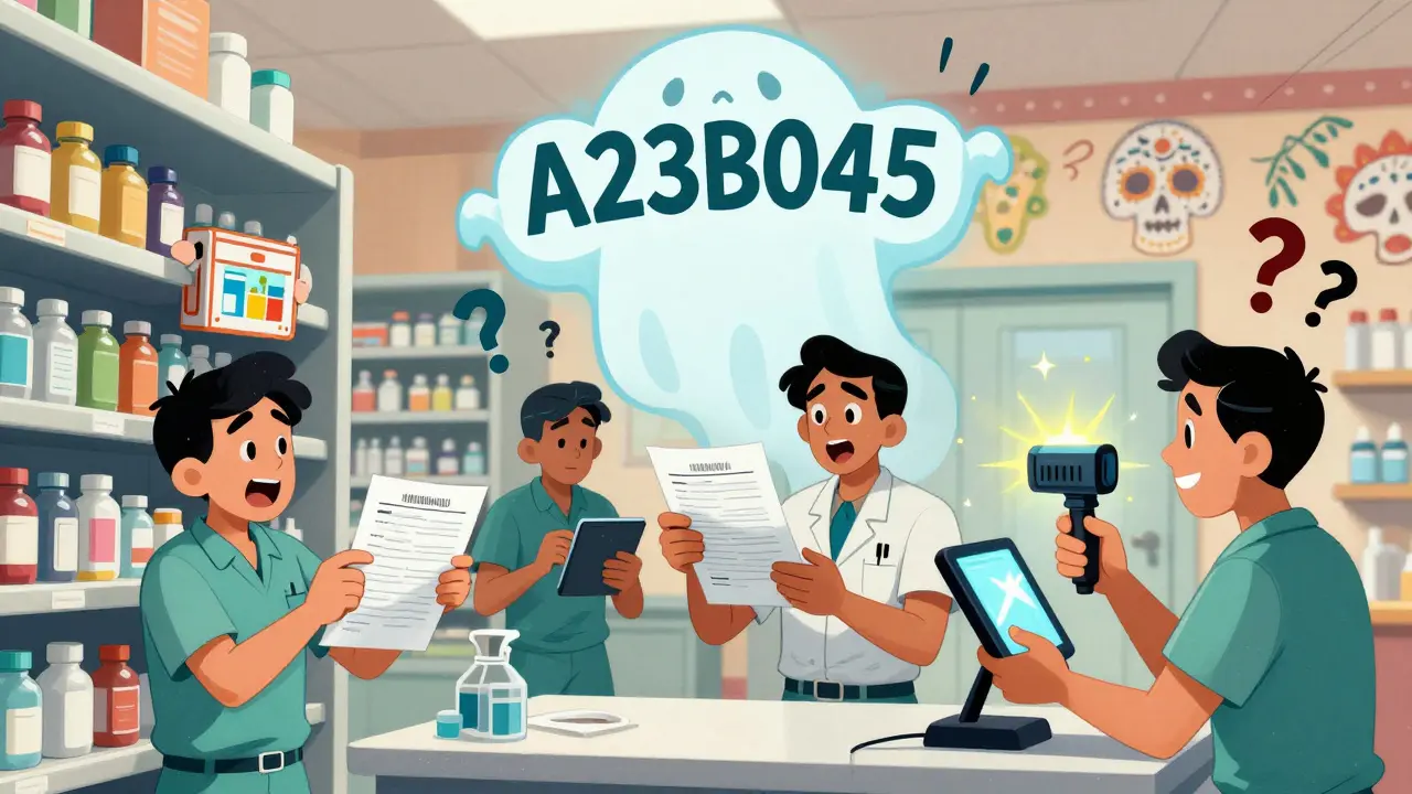 Pharmacie d'hôpital où le personnel vérifie des lots de médicaments, un kit caché est retiré d'une étagère.