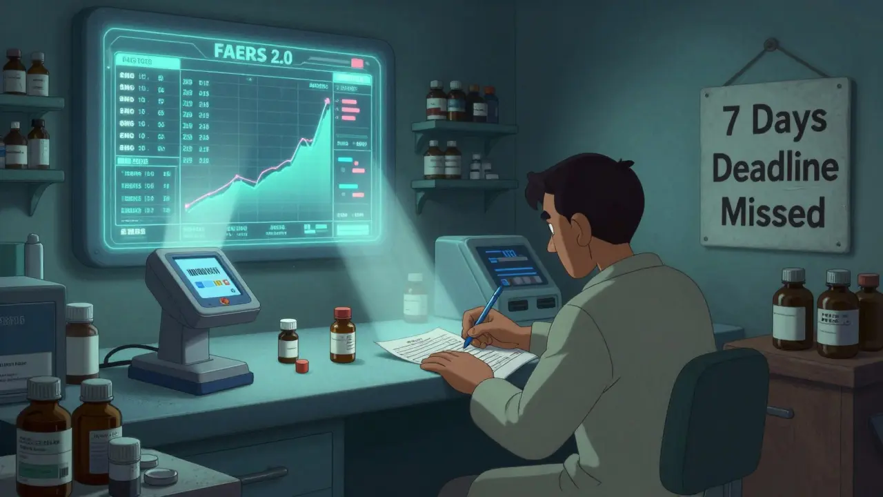 Pharmacie moderne avec scanners automatiques connectés à un tableau de bord en temps réel, contrastant avec un coin obscur où un travailleur remplit manuellement un rapport.