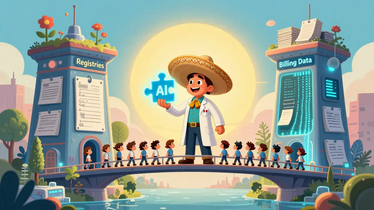 Pont reliant registres et données de facturation, symbolisant la complémentarité pour la sécurité des médicaments.