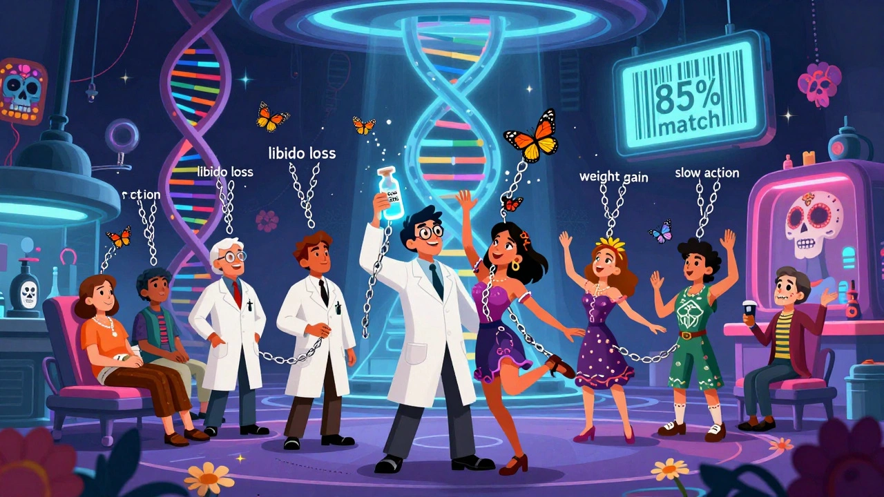 Scientifiques présentant un nouveau médicament à des patients qui libèrent des chaînes symbolisant les effets secondaires.