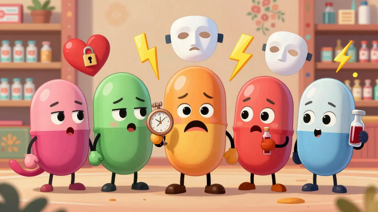 Six pilules SSRI anthropomorphisées avec des caractéristiques uniques, entourées de symboles d'effets secondaires.