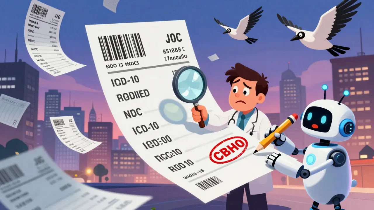 Système de facturation animé avec des factures volantes et un robot IA corrigeant une erreur de code médical.