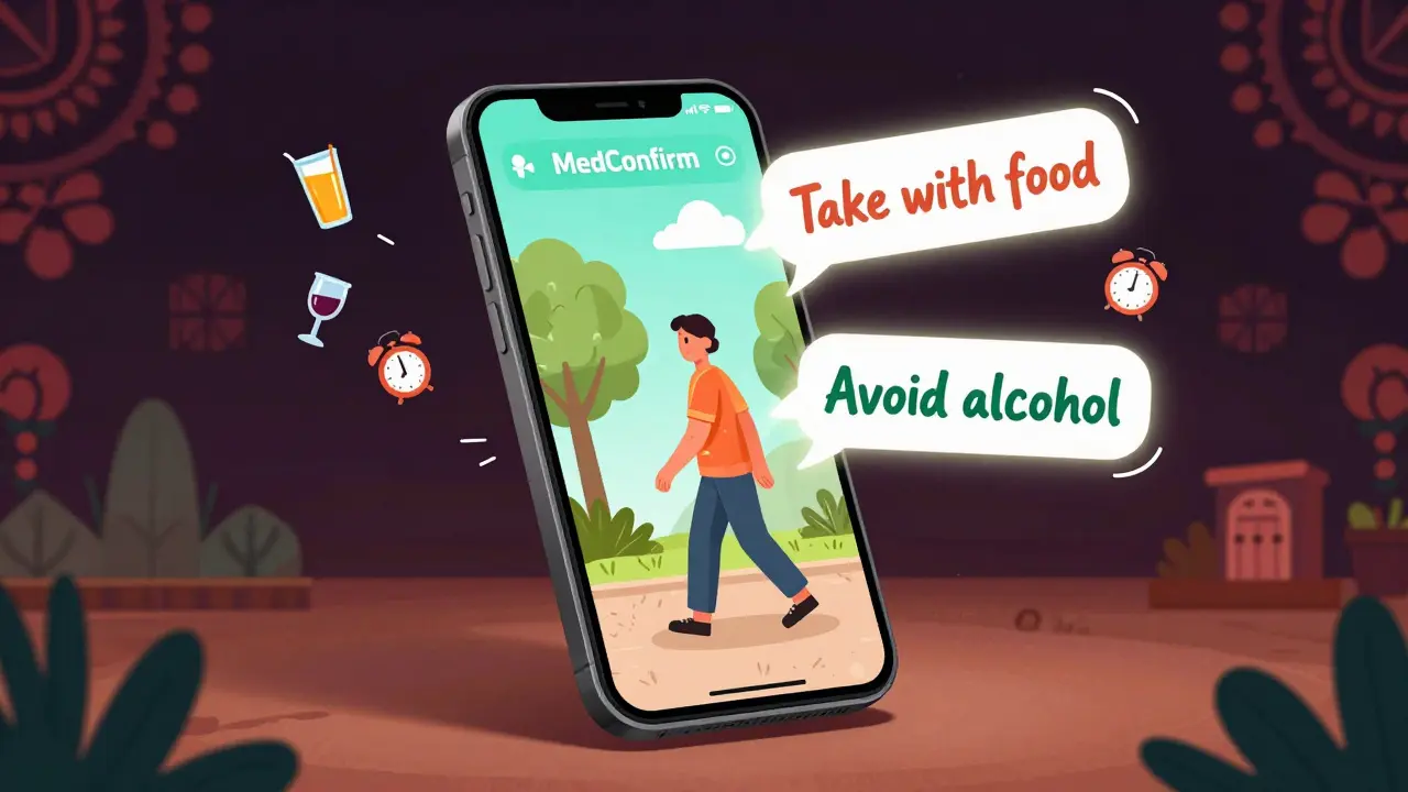 Téléphone affiche un SMS de conseil médical avec des icônes ludiques flottant autour d'une personne marchant chez elle.