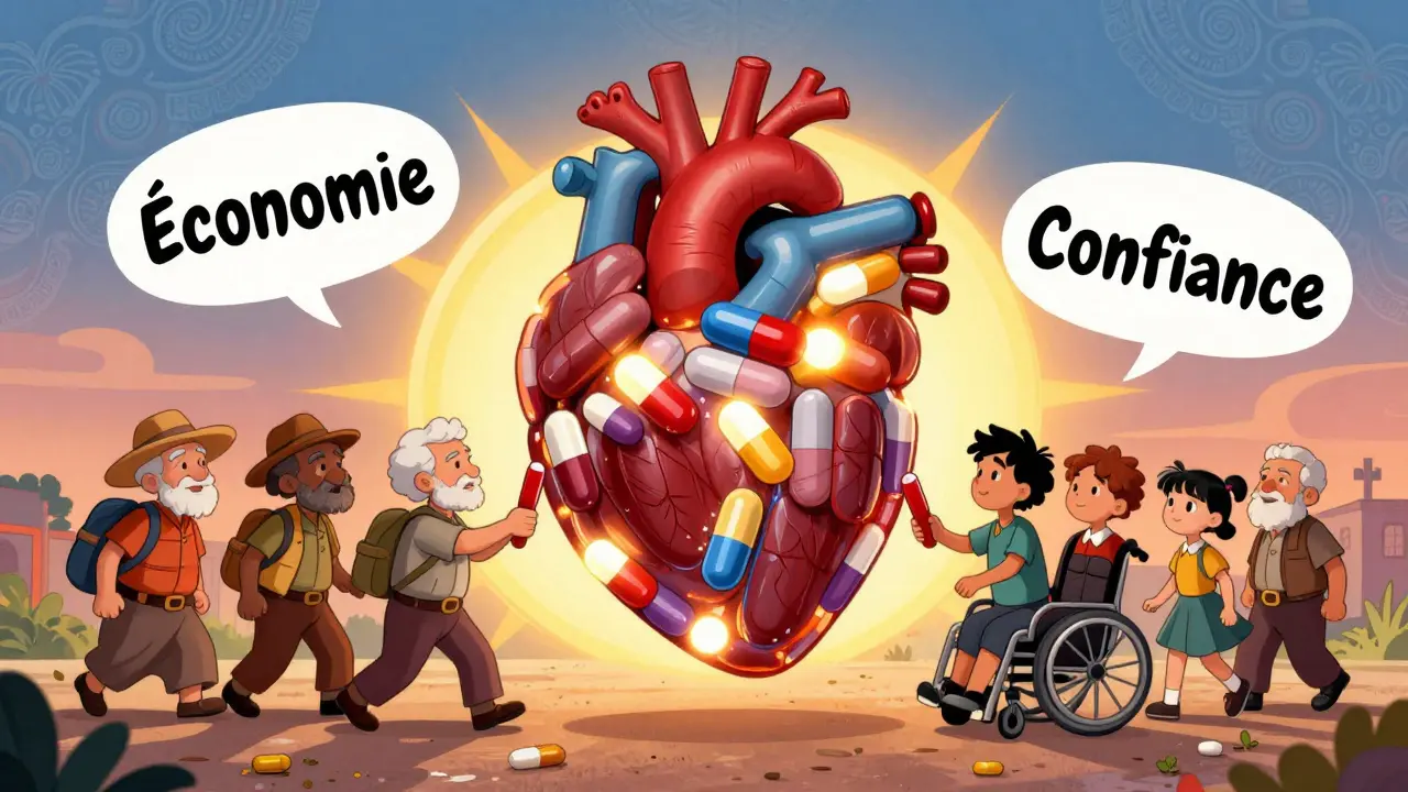 Un cœur géant composé de pilules génériques et de marque est transmis entre des patients sous un soleil en croix pharmaceutique.